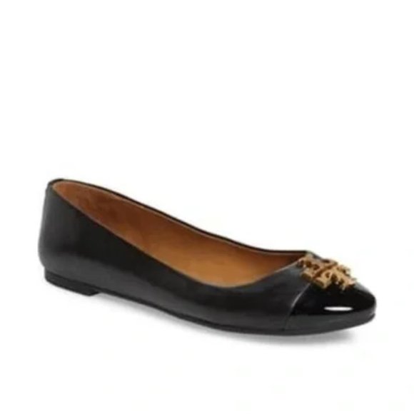 New Tory Burch Everly Cap Toe Leather Ballet Flats in Black Size 7 #73